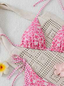 Swim Mod 女款 2 件組花卉提花夏季海灘掛脖綁帶格紋印花特殊面料比基尼泳衣套裝 - 彩色 - 查看 5