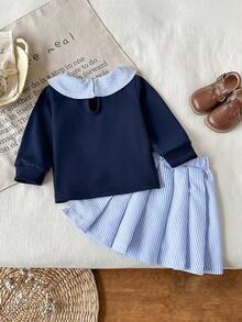 SHEIN Playful Pals 女嬰海軍藍藍白條紋拼接3D花朵裝飾衛衣百褶裙套裝 返校派對拍照用 秋季可愛款 - 藍色 - 查看 2