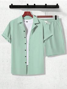 Manfinity RSRT 2pcs/Set Men Summer Solid Color Button-Up Shirt And Shorts Summer Two Pieces Set, Vacation Outfits, - Mint Green - View 4