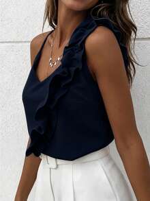 EMERY ROSE Camisola sexy de mujer con cuello en V, volantes de encaje y espalda descubierta - Azul Marino - Ver 5