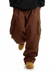 Manfinity Hypemode Men Flap Pocket Side Drawstring Waist Oversize Cargo Pants, Fall Wide Leg - Rust Brown - View 5