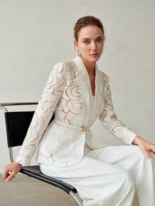 MOTF PREMIUM FASHION DESIGN EXQUISITE WAIST-CINCHED ELEGANT LONG SLEEVE TEXTURED EMBROIDERY WOMEN'S BLAZER - White - View 3