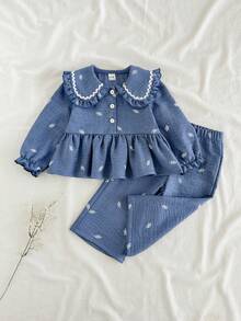 SHEIN Vintaside Kids 彼得潘領女嬰家庭套裝 優雅大方翻領長袖上衣與長褲套裝 秋季拍照用 藍白配色 - 彩色 - 查看 2