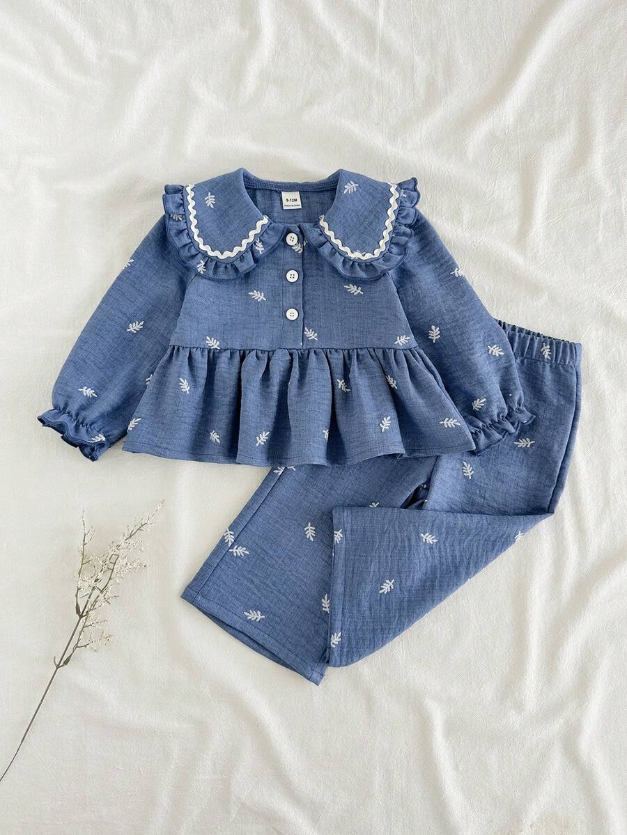 SHEIN Vintaside Kids 彼得潘領女嬰家庭套裝 優雅大方翻領長袖上衣與長褲套裝 秋季拍照用 藍白配色