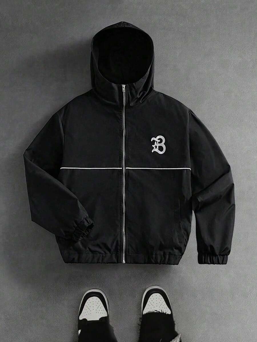 PAVTROS Chaqueta con capucha y cremallera con estampado de letras para hombre - Negro - Ver 1