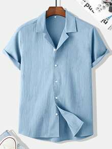 Manfinity Homme Men's Casual Solid Textured Single-Breasted Short Sleeve Shirt - Blue - View 1