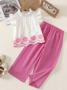 SHEIN Elladie kids 2件組女童夏季新款圓領露背水滴藍蝴蝶結假刺繡印花布料飛袖荷葉邊前綴蝴蝶結裝飾上衣休閒直筒短褲簡約復古時尚套裝 - 粉色 - 查看 3