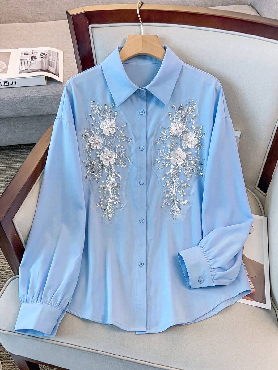 GlowEve CURVE 大尺碼優雅亮片刺繡水鑽燈籠袖上衣 - 藍色 - 查看 1