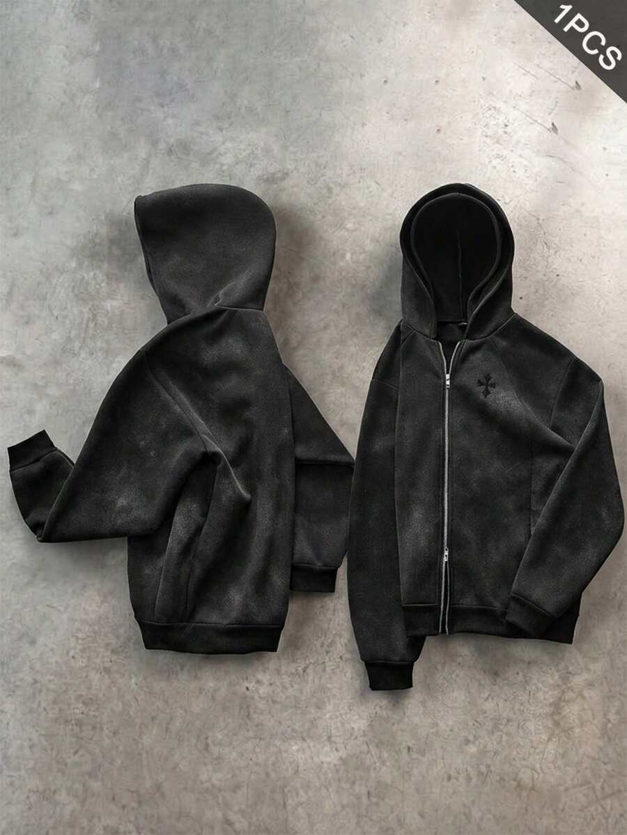 PAVTROS 男士街頭風熱銷做舊水洗效果 3D 刺繡 Logo 連帽衛衣套裝,男友/丈夫週年禮物 - 黑色 - 查看 1