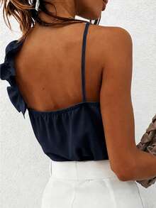 EMERY ROSE Camisola sexy de mujer con cuello en V, volantes de encaje y espalda descubierta - Azul Marino - Ver 2