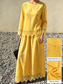 Modelyn Setelan 2 Potong Atasan dan Rok Patchwork Bordir Renda Putih Gaya Prancis untuk Wanita, Pakaian Elegan - Kuning - View 7