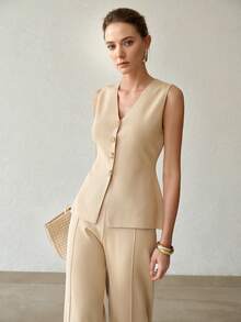 MOTF PREMIUM V-NECK SLEEVELESS KNIT VEST & PANTS SET FOR WOMEN - Apricot - View 5