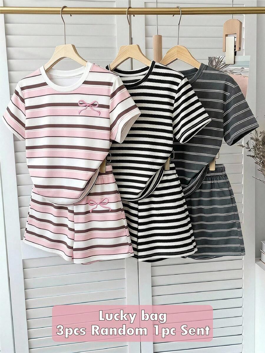 SHEIN 女童（大童）2件組T恤套裝，可愛歐風黑白條紋針織經典元素圓領短袖上衣搭配寬鬆短褲，適合日常穿著、購物、聚會、戶外休閒活動，夏季穿搭