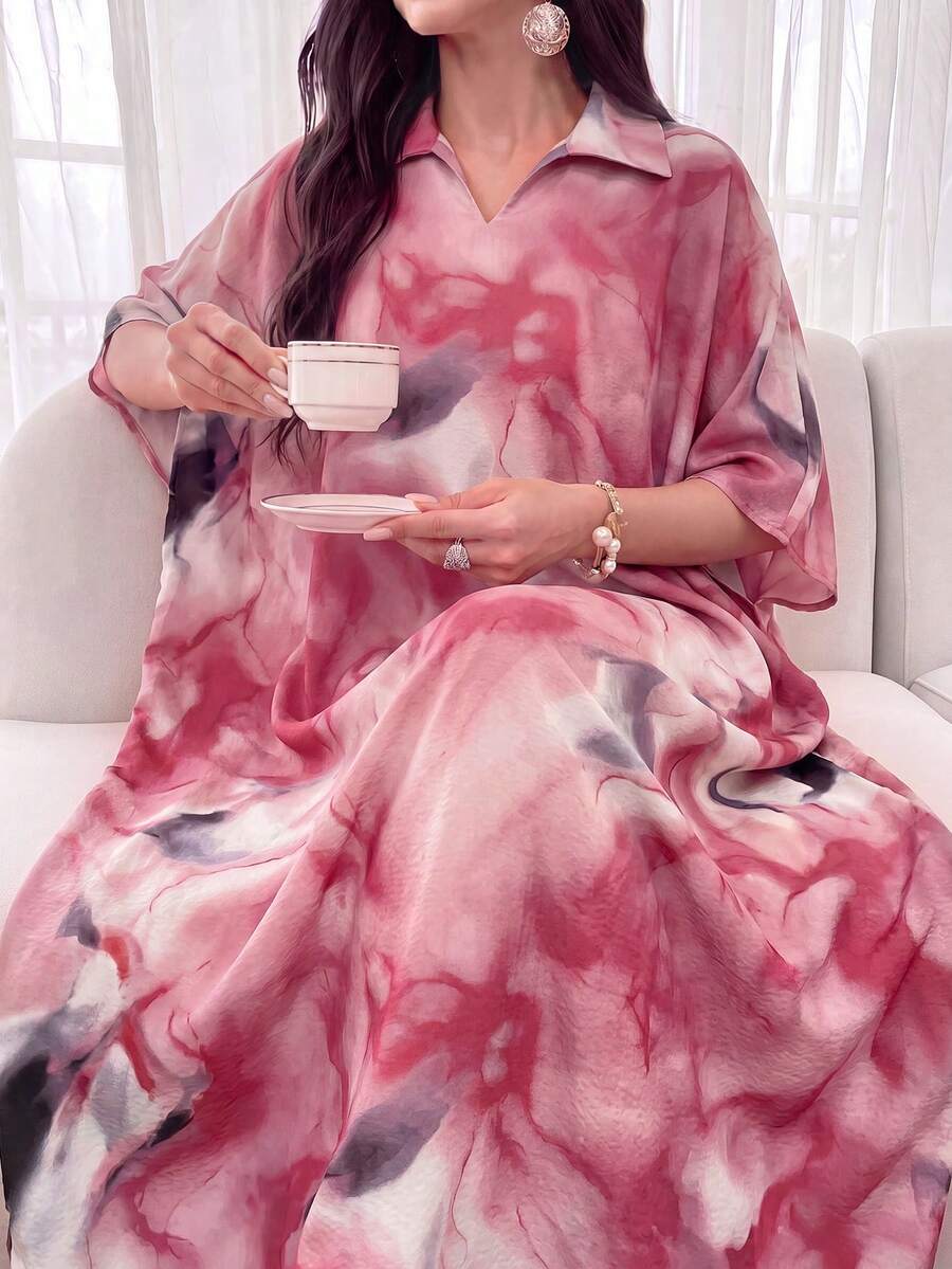 Al Najma Spring/Summer Loose Fit Short Sleeve Tie-Dye Multi-Color Lapel Collar Dress - Red - View 1