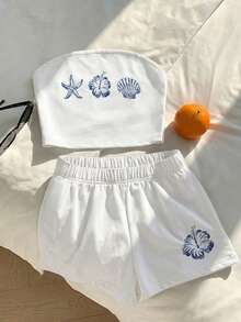Teen Girls 2pcs/Set Summer Casual All-Match Versatile Daily Sports Sleeveless Bandeau Tight Cropped Top And Loose Shorts Solid Color... - White - View 1