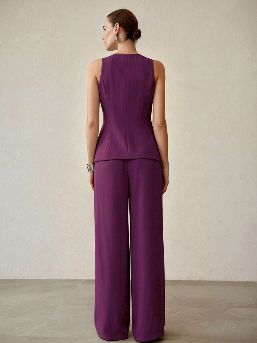 MOTF PREMIUM WOMEN'S OUTERWEAR OLD MONEY SLEEVELESS WAISTCOAT & PANTS PIECES SET - Purple - View 2