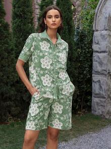 VOLUPTÉ CURVE 女款夏季綠色花卉蕾絲刺繡短袖短褲套裝，時尚休閒寬鬆度假兩件套 - 綠色 - 查看 6