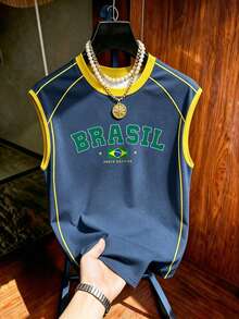 Manfinity Campus Court 男士復西隊足球背心，美國 BRASIL 10 印花無袖時尚運動上衣，夏季休閒運動背心，足球用品，度假 - 彩色 - 查看 4