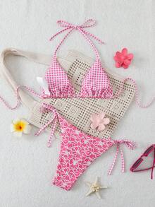 Swim Mod 女款 2 件組花卉提花夏季海灘掛脖綁帶格紋印花特殊面料比基尼泳衣套裝 - 彩色 - 查看 2