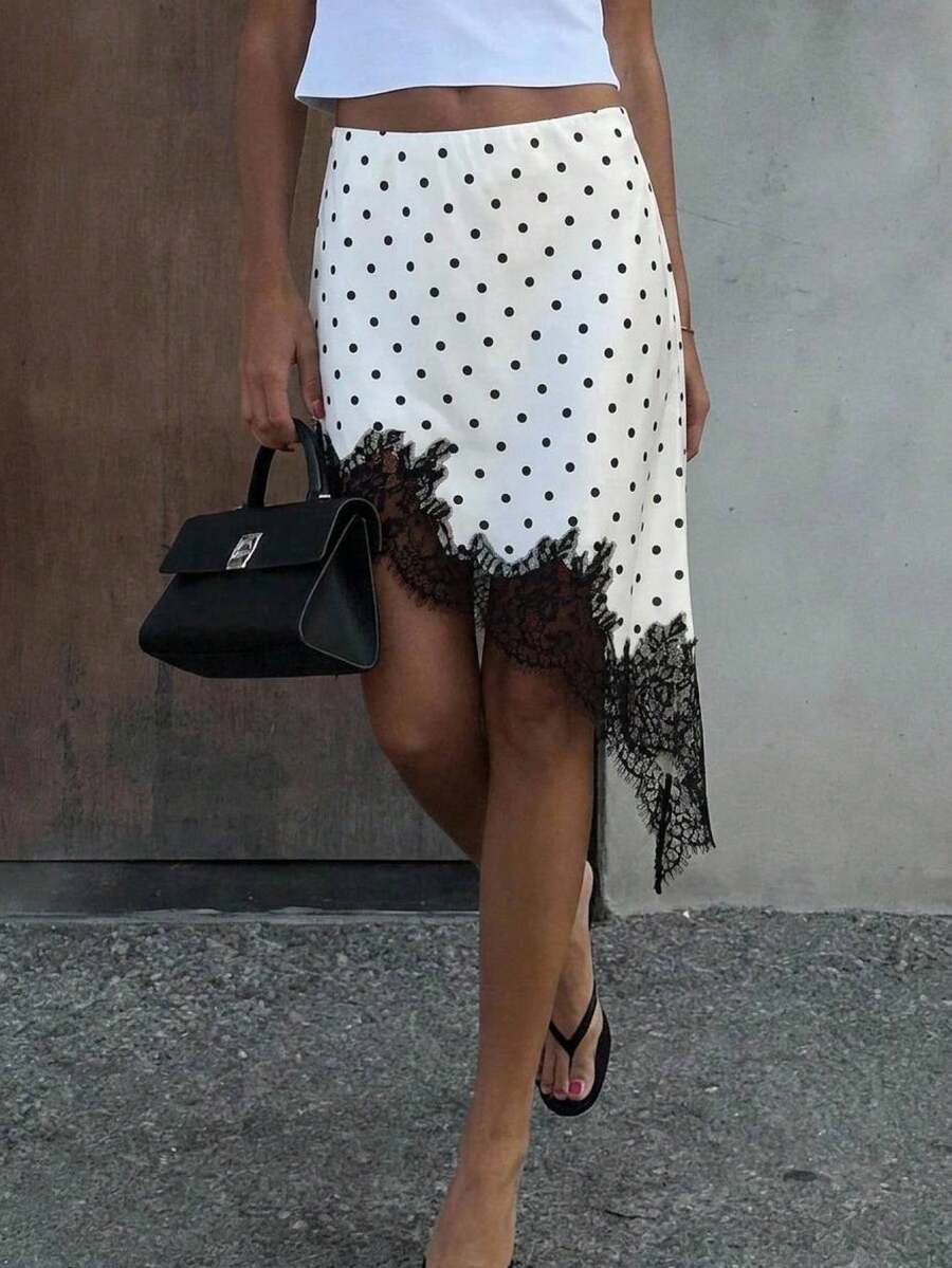 Aloruh 女款優雅波點印花不對稱裙，極簡通勤與約會，黑白拼接色塊裙，Y2K，女式辦公