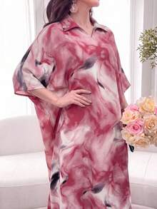 Al Najma Spring/Summer Loose Fit Short Sleeve Tie-Dye Multi-Color Lapel Collar Dress - Red - View 2