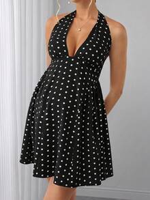 SHEIN Maternity Polka Dot Print Backless Halter Neck Dress - Black - View 5