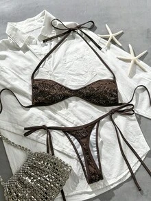Costavie Swim Vcay 兩件式比基尼套裝，春夏海灘度假款，亮片紋理布料，掛脖平胸式上衣搭配側綁繩丁字褲，性感 - 咖啡棕 - 查看 6