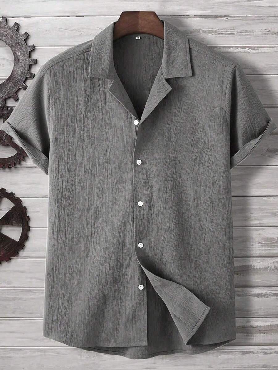 Manfinity Homme Camisa de manga corta de unicolor de un solo pecho casual versátil para uso diario para hombres - Gris - Ver 1