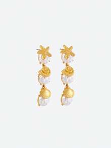Opalesca 1 Par de Brincos Elegantes de Pérola com Estrela-do-mar da Moda para Mulheres, Roupas, Dinheiro Antigo, Acessórios de Casamento/Noiva, Joias Ocidentais, Fairycore/Fada, Pérola, Outono/Inverno, Para Mãe/Mulher/Menina, Elegante - Dourado - Visão 3