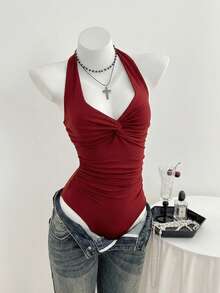 Elamini Women's Spring/Summer V-Neck Front Twist Sexy Casual Minimalist Bodysuit - Red - View 5