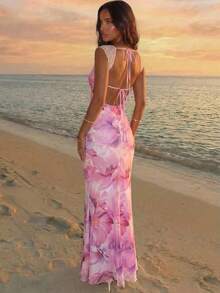 Aloruh 女款優雅粉色蕾絲拼接網紗針織印花性感露背洋裝，適合度假、派對、生日、聚會、約會 - 粉色 - 查看 3