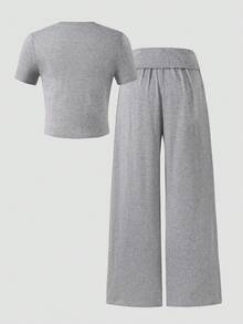 SHEIN 春/夏灰色青少年女孩兩件套，短版圓領T恤胸前粉色蝴蝶結印花，高腰寬腿垂墜感長褲，修身顯瘦適合各種腿型，適合校園、購物與居家穿著 - 灰色 - 查看 2