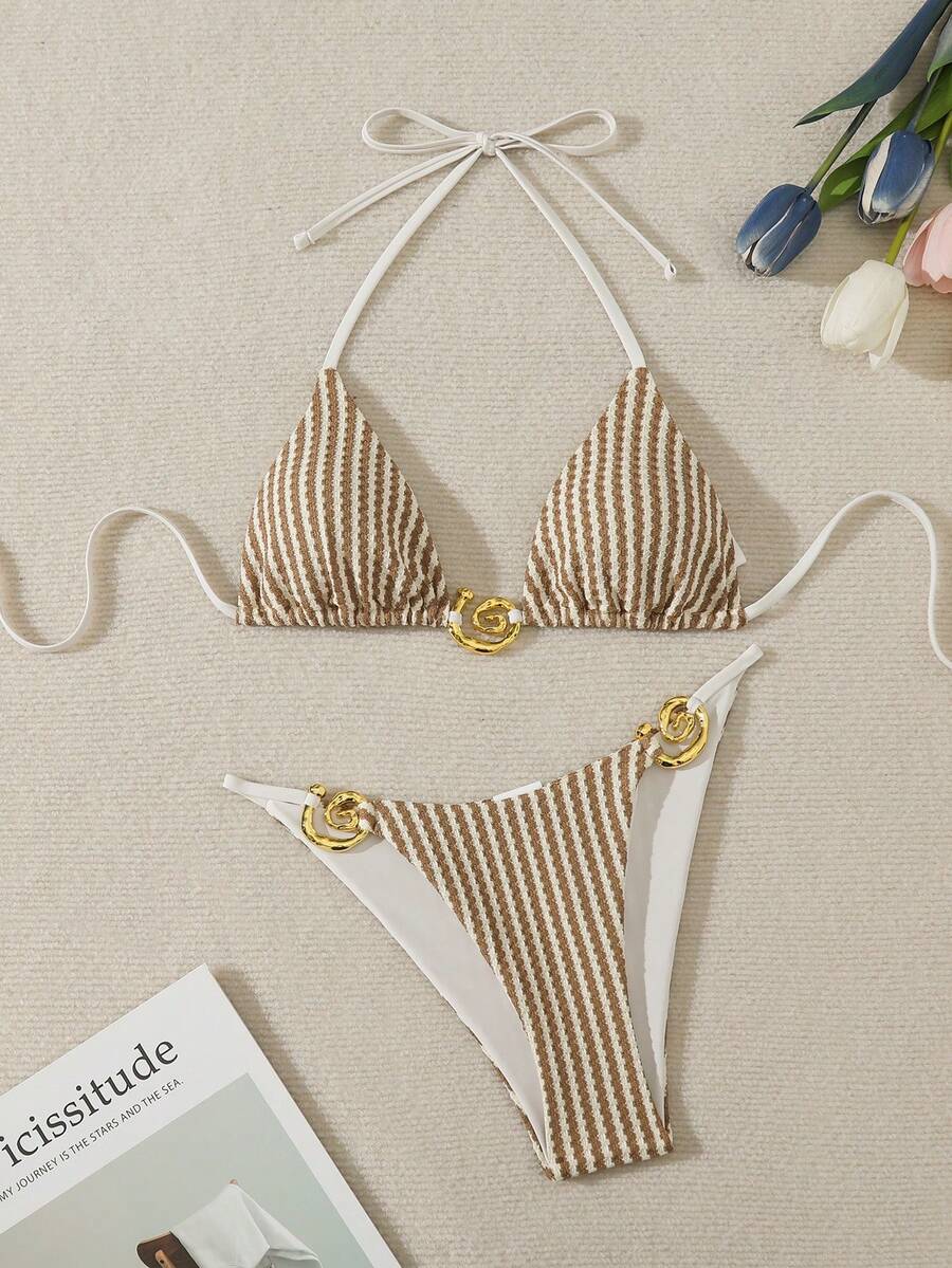 Swim Vcay 女款白色熱帶性感比基尼套裝,直條紋掛脖綁帶設計,適合夏季海灘度假 - 彩色 - 查看 1
