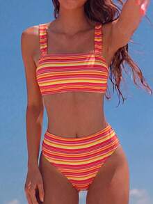 Swim Mod Set Bikini 2 Potong Wanita Musim Panas dengan Motif Warna Acak, Atasan Tali dan Celana Pendek Renang Pinggang Tinggi, untuk Liburan Pantai - MultiWarna - View 1