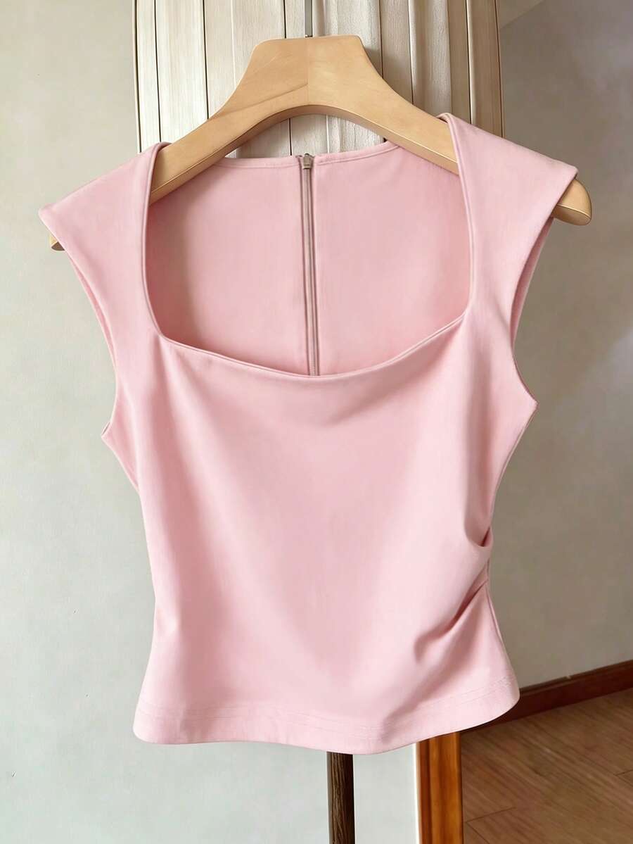 Resyla Top sin mangas de mujer color rosa liso con cremallera en la espalda, cintura fruncida lateral y cuello cuadrado, adecuado para primavera y verano - Rosa Pálido - Ver 1