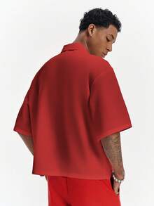 PAVTROS Men's Solid Color Loose Fit Short Sleeve Shirt With Tie - Red - View 2