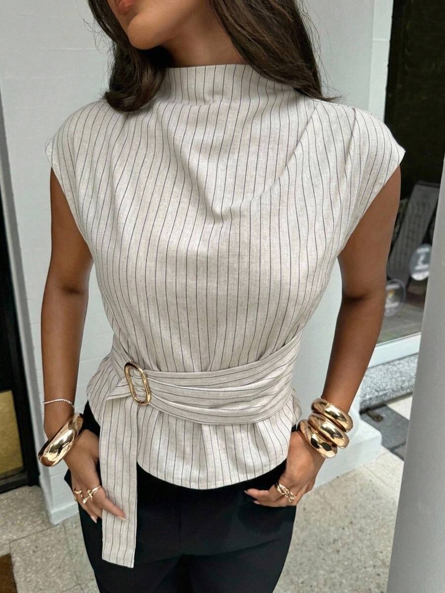 Aloruh Khaki Short Sleeve Shirt Elegant Business Commute Minimalist Old Money Style Graceful Office Blouse