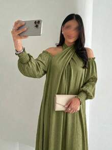Yasmyna 女款春夏粉色長袖交叉扭結掛脖式抓皺A字優雅浪漫阿拉伯風洋裝 - 綠色 - 查看 6