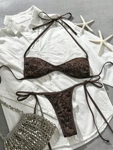 Costavie Swim Vcay 兩件式比基尼套裝，春夏海灘度假款，亮片紋理布料，掛脖平胸式上衣搭配側綁繩丁字褲，性感 - 咖啡棕 - 查看 1