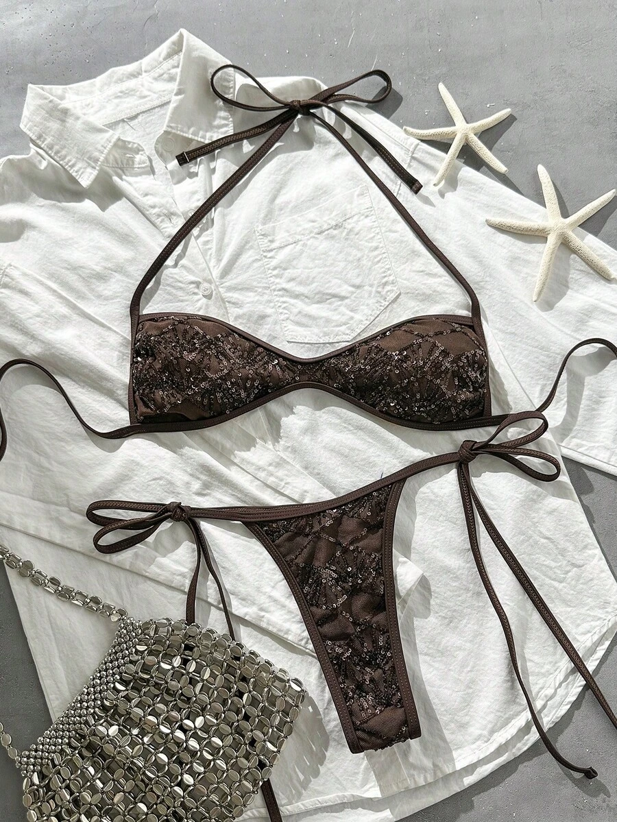 Costavie Swim Vcay 兩件式比基尼套裝,春夏海灘度假款,亮片紋理布料,掛脖平胸式上衣搭配側綁繩丁字褲,性感 - 咖啡棕 - 查看 1