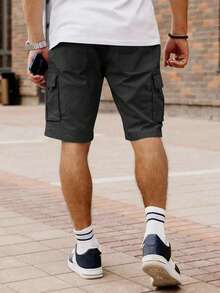 Manfinity Homme Pantalones cortos cargo con bolsillo volteado y cintura con cordón ajustable para hombre - Negro - Ver 2