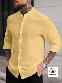 Manfinity CasualCool 男士純色單排扣休閒百搭日常穿著襯衫 - 淡黃色 - 查看 1