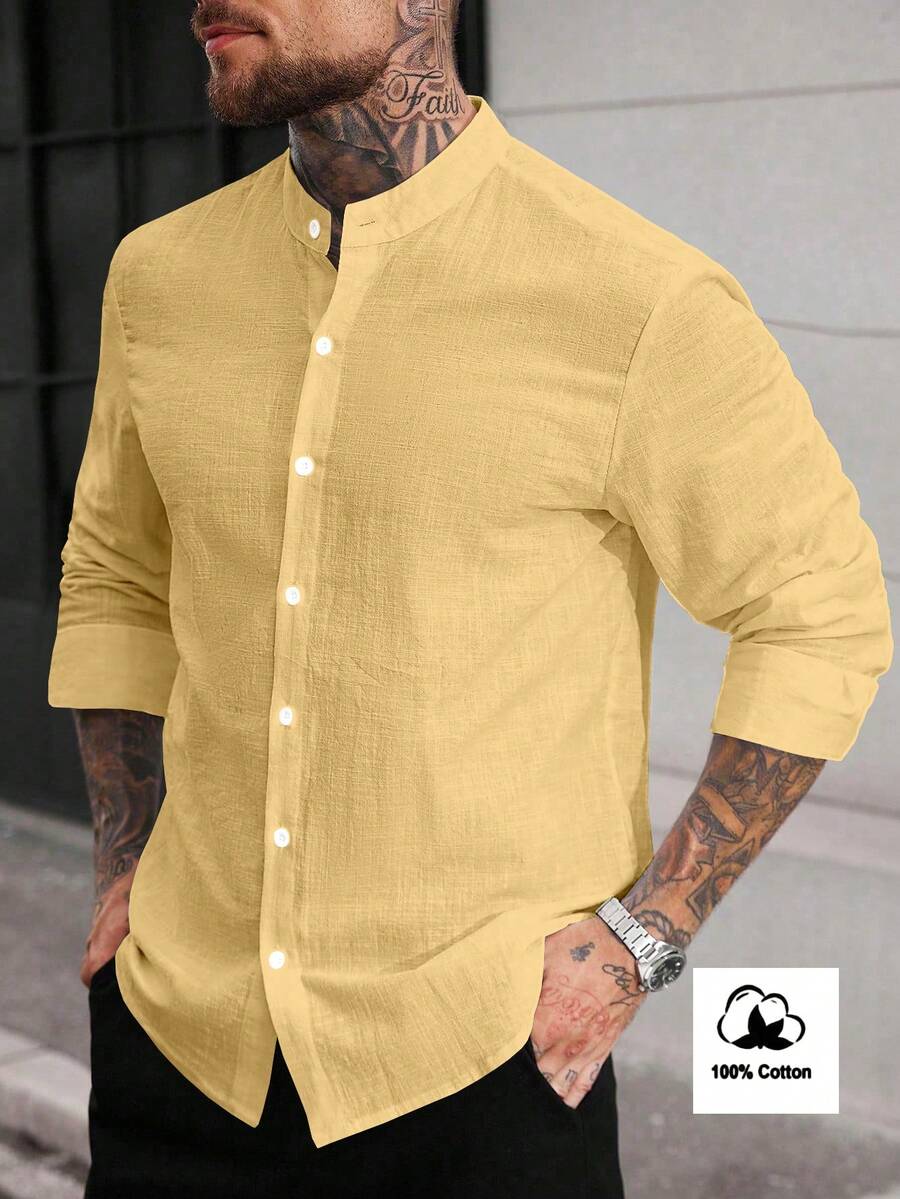 Manfinity CasualCool 男士純色單排扣休閒百搭日常穿著襯衫 - 淡黃色 - 查看 1