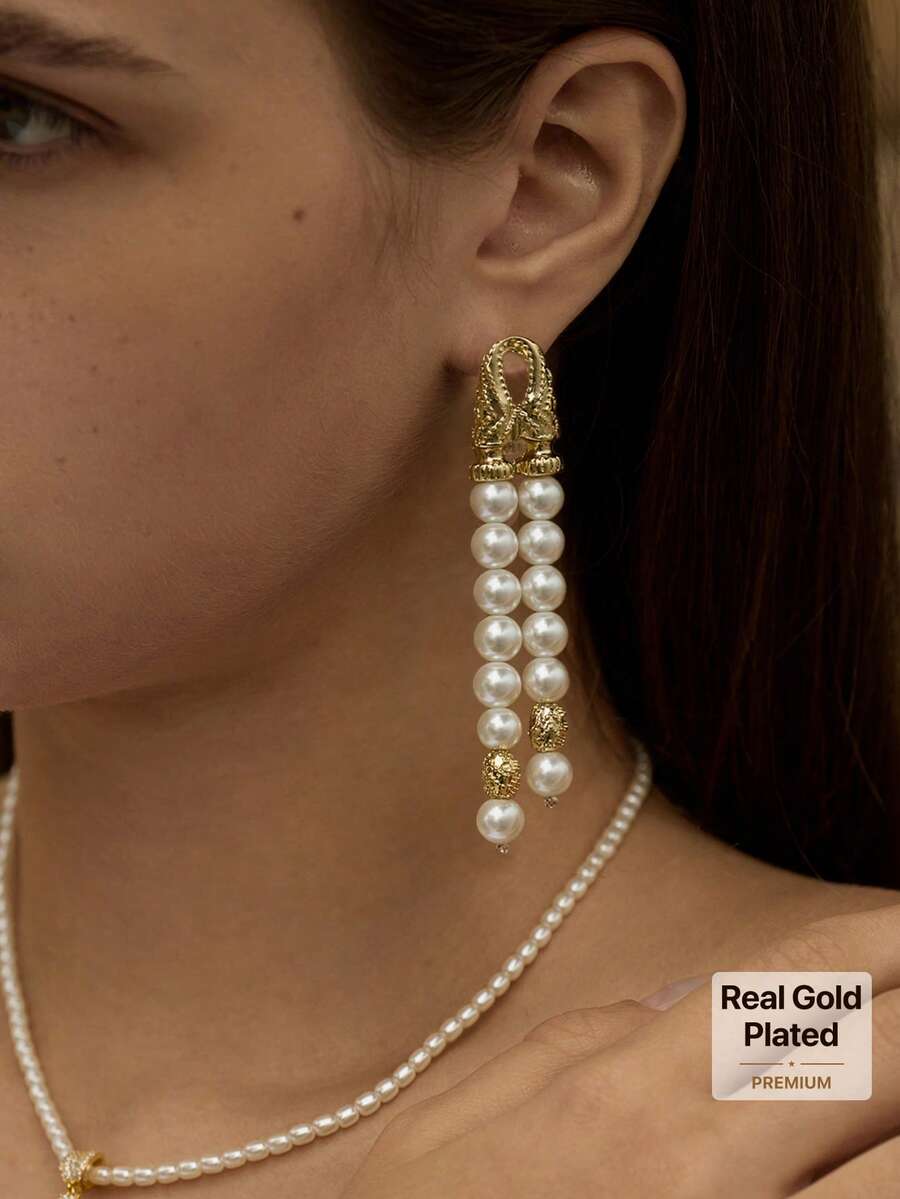 Opalesca Pendientes largos de perla con borlas de 18 K, adecuados para uso diario, atuendos, dinero antiguo, accesorios de boda/novia, joyería occidental, Fairycore/Fairy, perla, otoño/invierno, para mamá/mujer/niña/madre, elegante - Dorado - Ver 1