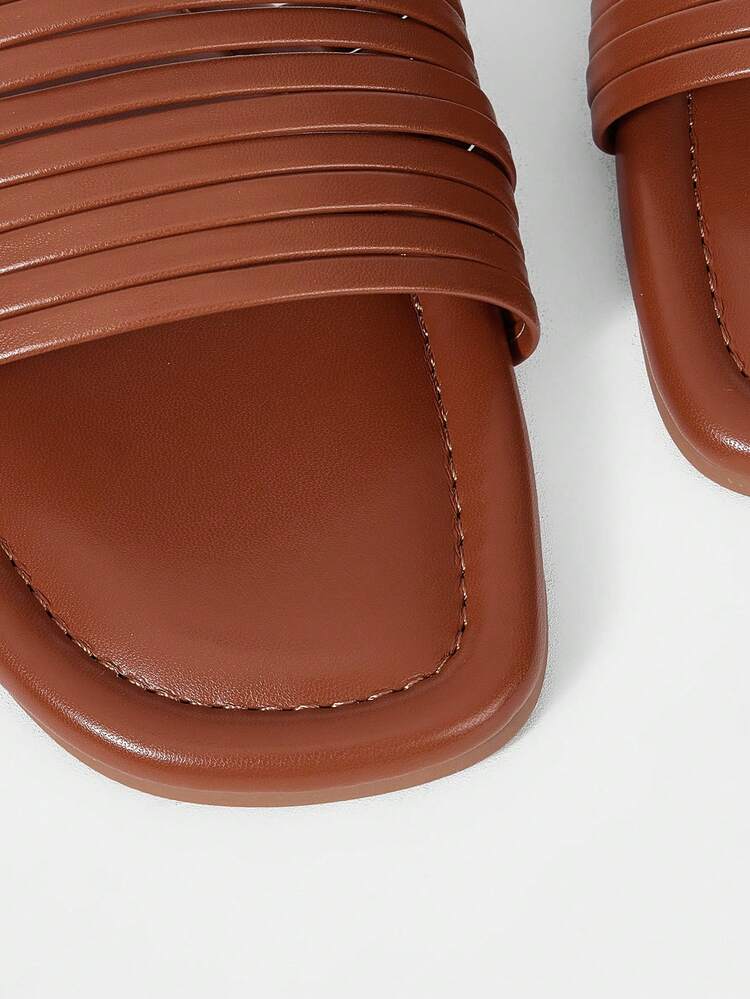 MOTF WOMEN'S MINIMALIST STYLE METAL THIN STRAP OPEN-TOED SANDALS, SQUARE TOE MULTI-STRAP PARTY FLAT SLIPPERS AND VACATION BEACH SHOES - Brown - View 10