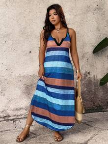 Breezaya Spring Summer Autumn Casual Comfortable Striped Fabric Feature Shoulder Strap Design Multicolor Plus Size Dress - Multicolor - View 7