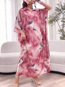Al Najma Spring/Summer Loose Fit Short Sleeve Tie-Dye Multi-Color Lapel Collar Dress - Red - View 5