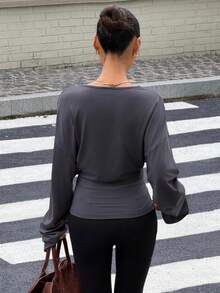 SHEIN EZwear Women's Elegant And Casual Charcoal Gray V-Neck Lace Long Sleeve Top, Autumn Top, Party Brunch Top - Grey - View 3