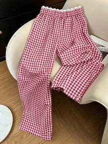 SHEIN LUNE Celana Panjang Kasual Wanita Ukuran Besar Motif Kotak-kotak Merah Potongan Lurus dengan Hiasan Renda, Musim Semi/Panas/Gugur - Red and White - View 2