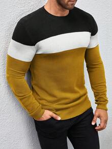 Manfinity Homme 男士拼色圓領長袖休閒毛衣 - 黃色 - 查看 4